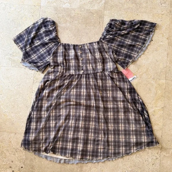 NWT Arula Altar’d State Black Beige Plaid Mesh Flutter Sleeve Dress 1X - Picture 3 of 8